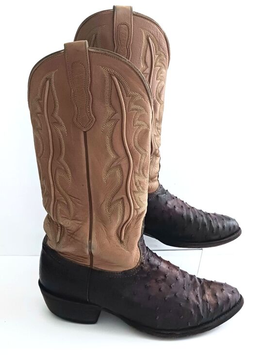 Nocona Full Quill Ostrich Exotic Western Boot Brown/Camel Leather 10D Made USA